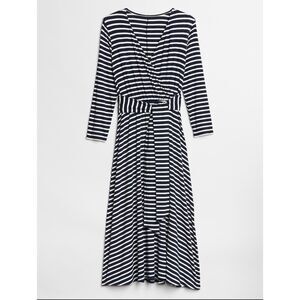 NWT GAP blue White Stripe Fit Flare Dress Womens Sz XS 3/4 Sleeve Tie Waist